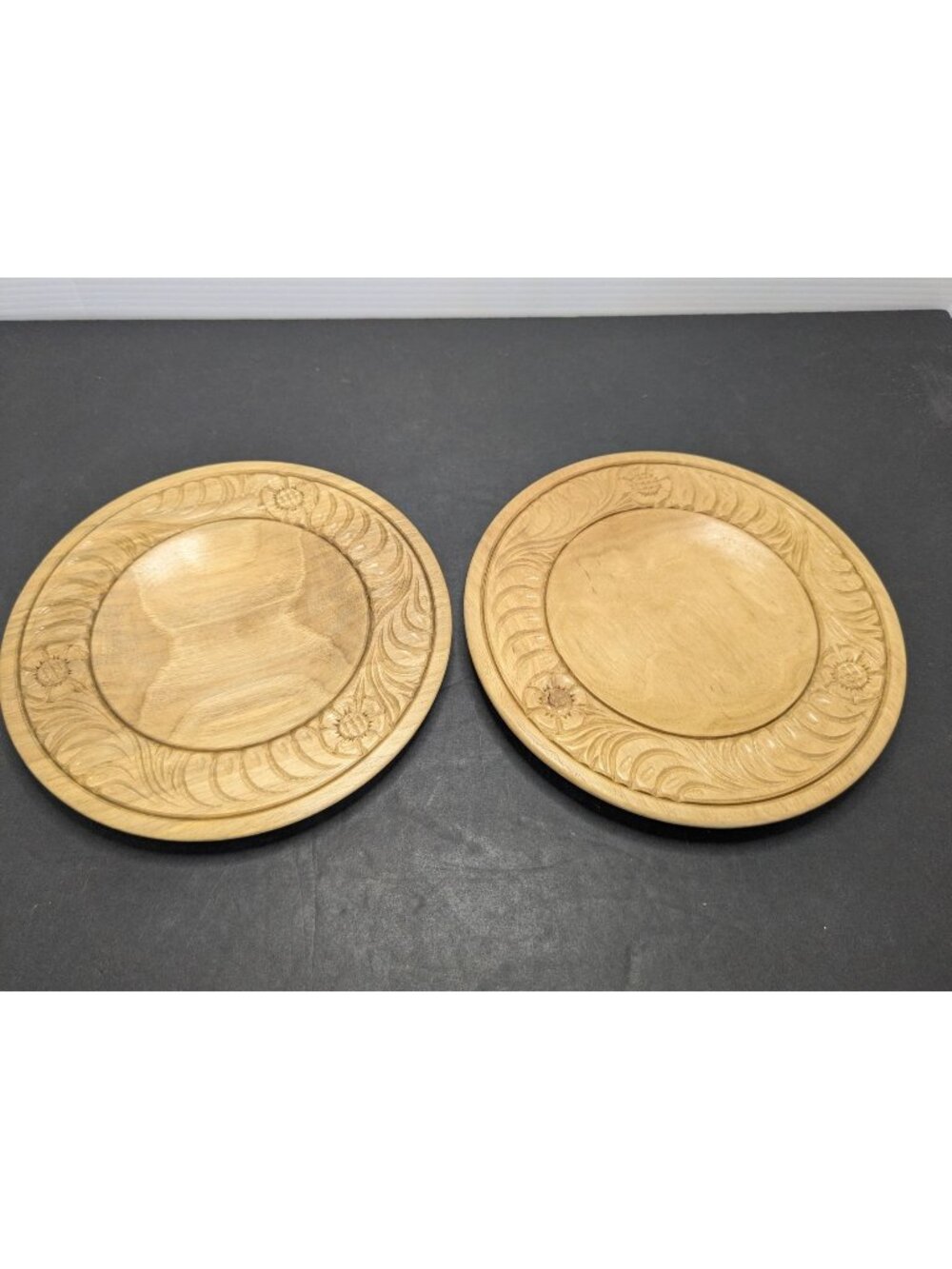 2 Vtg. Hand-Carved Hungarian Folk Art Wooden Plates Decorative Floral Design 7"